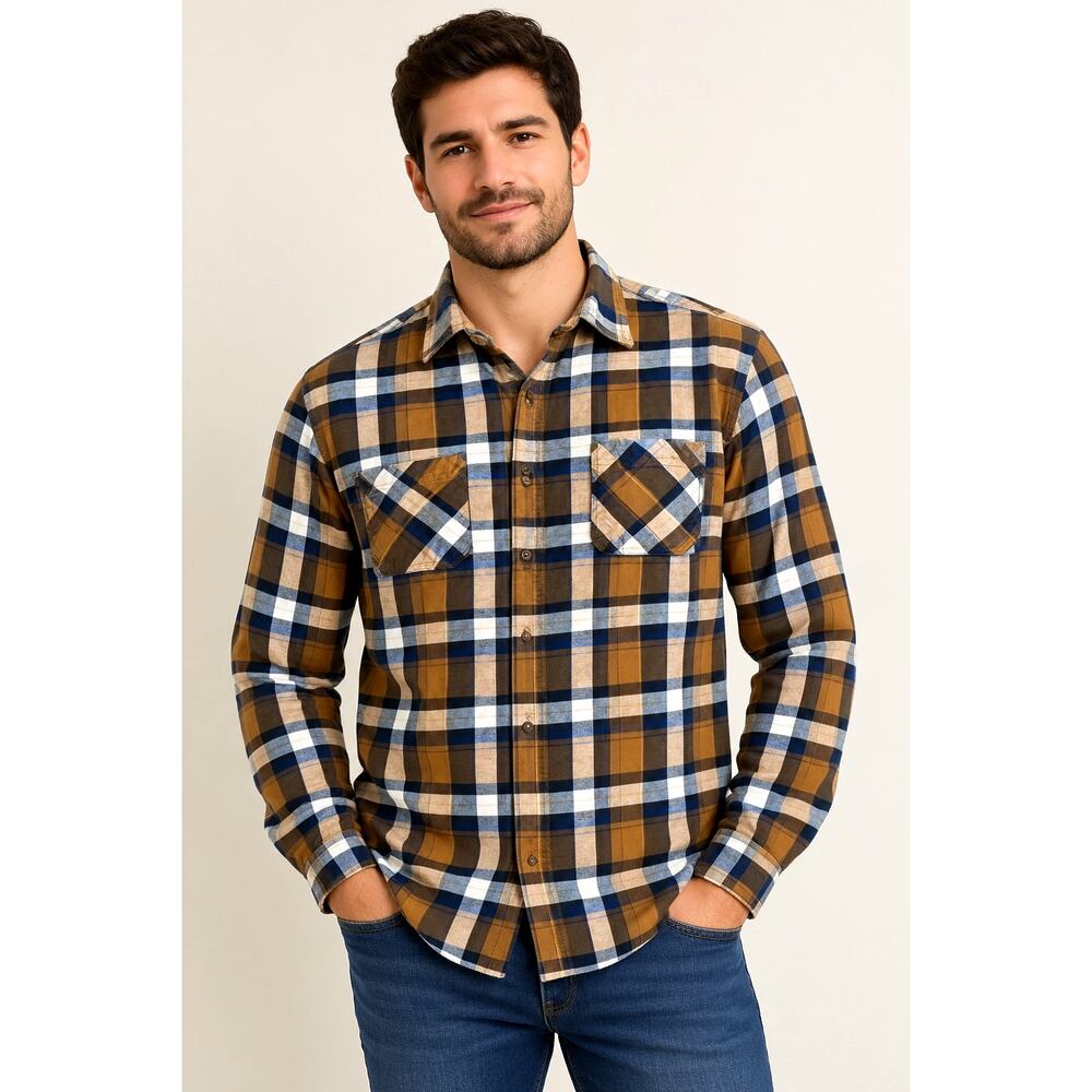 SCHMIDT Workwear Carpenter Men's Plaid Flannel Button Up Shirt Brown Cotton XL